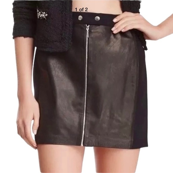 Rebecca Taylor Black Leather Panel Moto Mini Grunge Pencil Skirt Zip Front Sz 2 - Picture 1 of 10